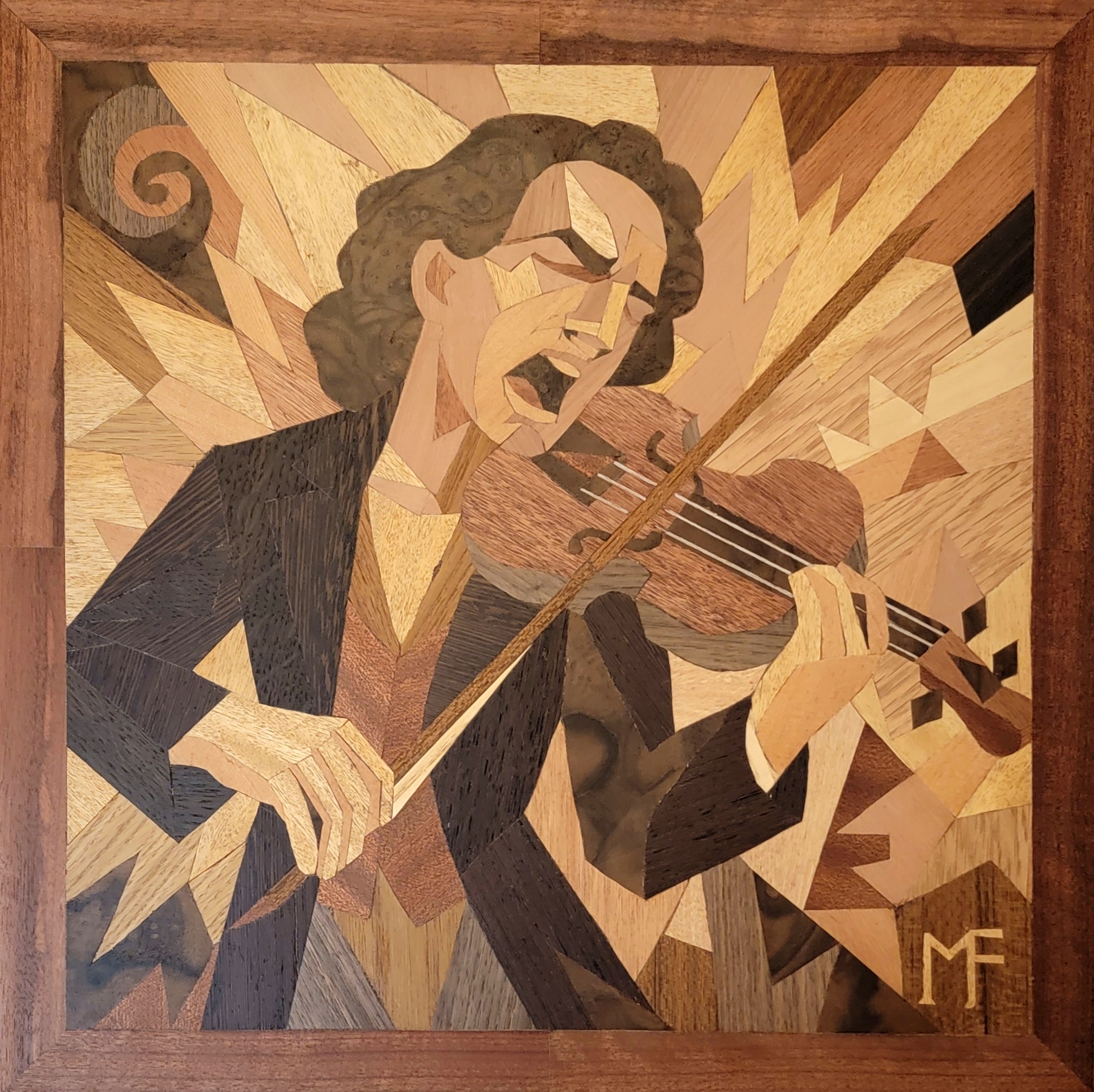 Panel — Caprice No. 24: wood veneer composition of a musician playing violin