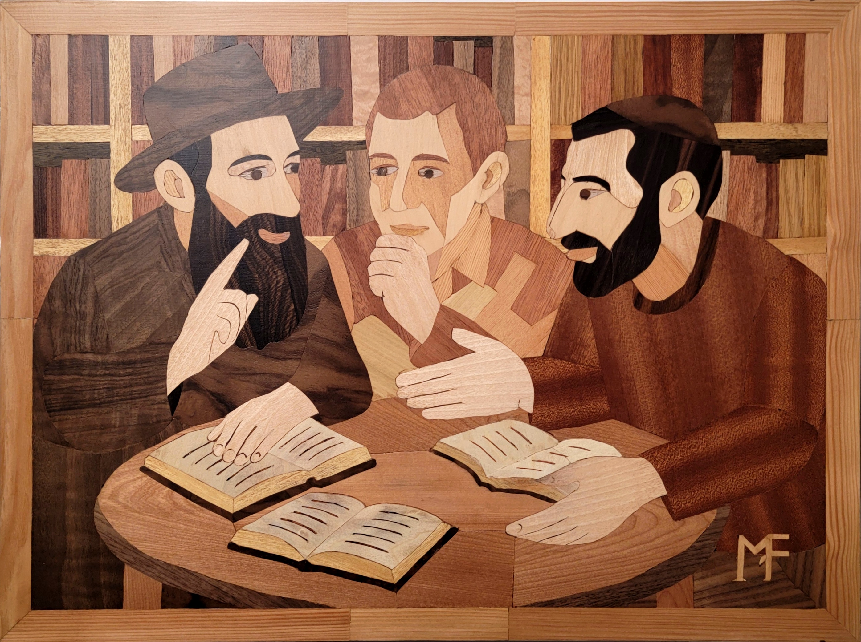 Panel V — Conversation: a religious conversation depicted in wood veneer