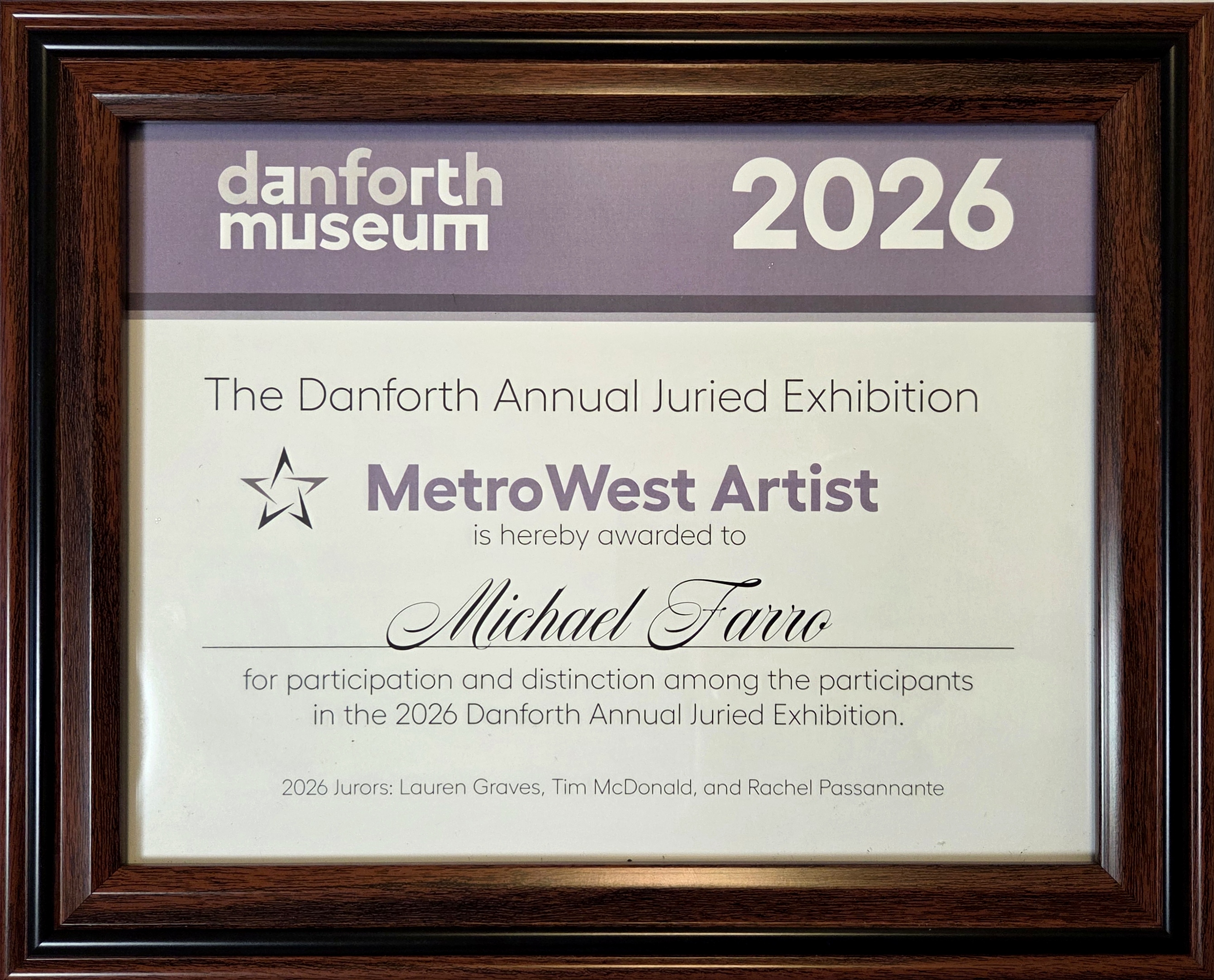 MetroWest Artist Award certificate presented at the 2026 Danforth Annual Juried Exhibition