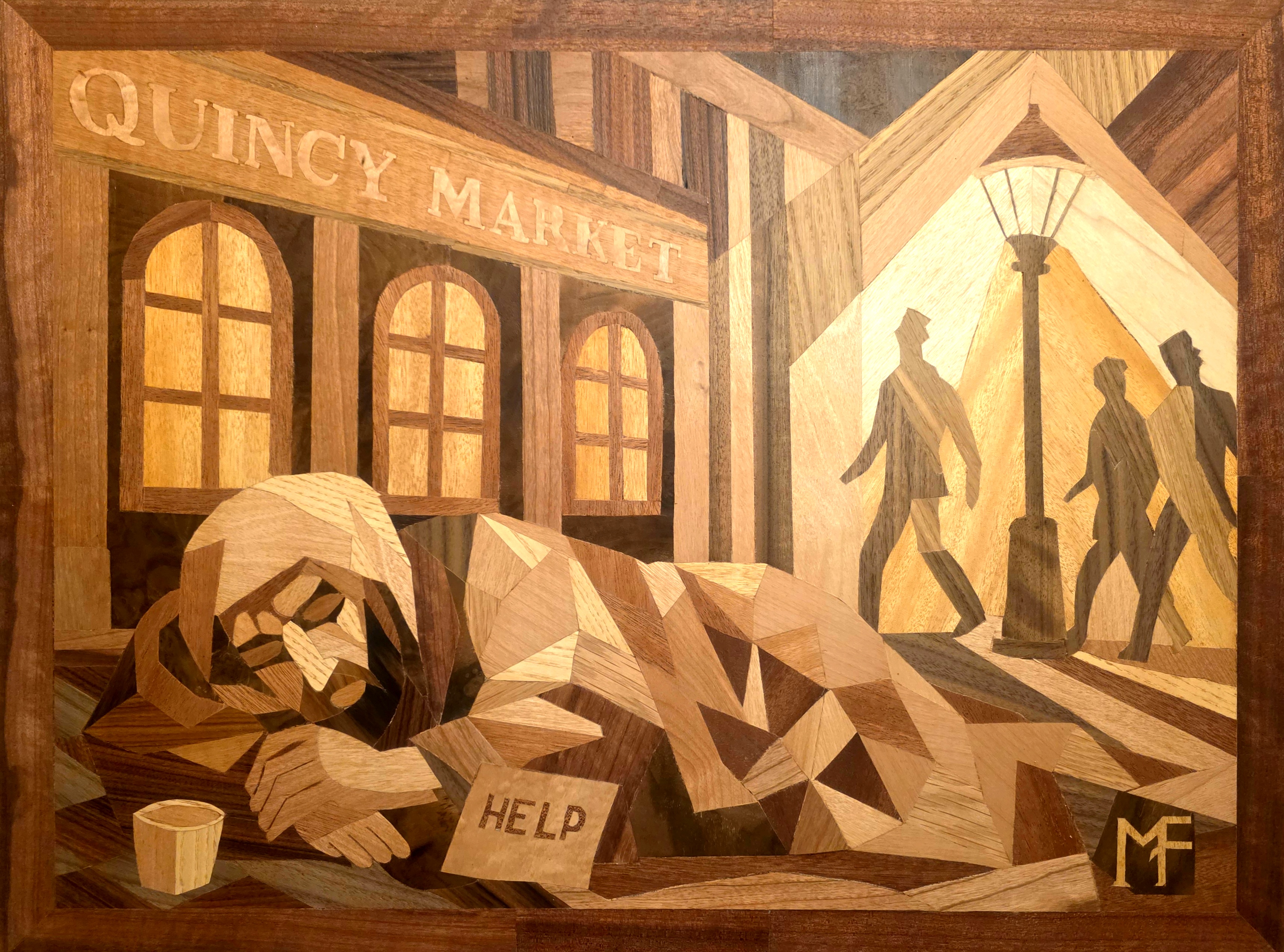 Panel — Homeless: marquetry wood-veneer composition of a collapsed figure in a familiar public setting