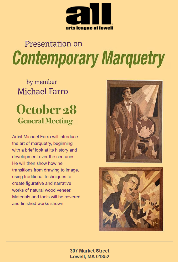 Arts League of Lowell announcement for Michael Farro's Contemporary Marquetry presentation on October 28, 2026