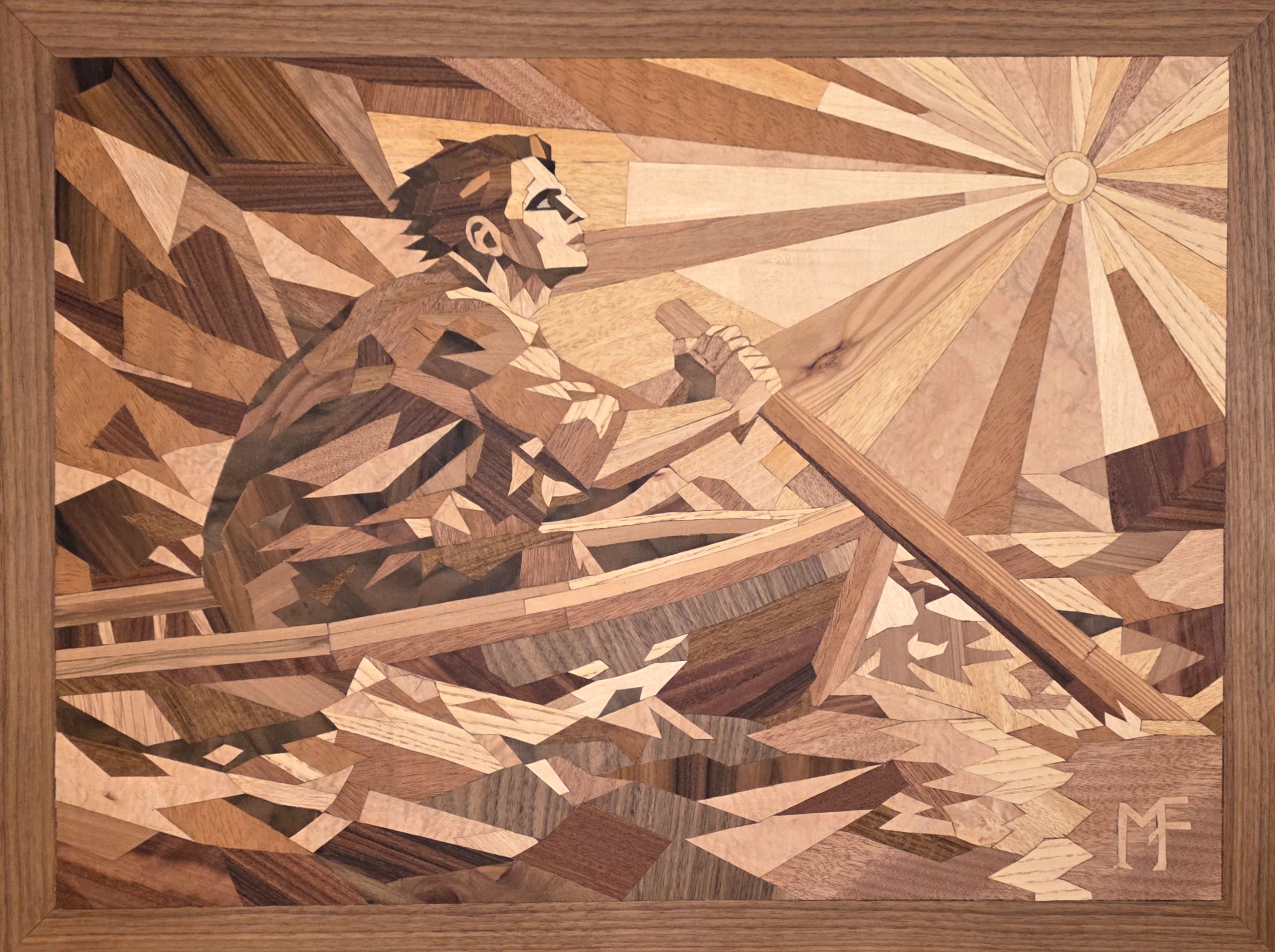 Panel — Still Rowing: marquetry wood-veneer composition of a solitary rower moving through fractured water toward a radiant sun
