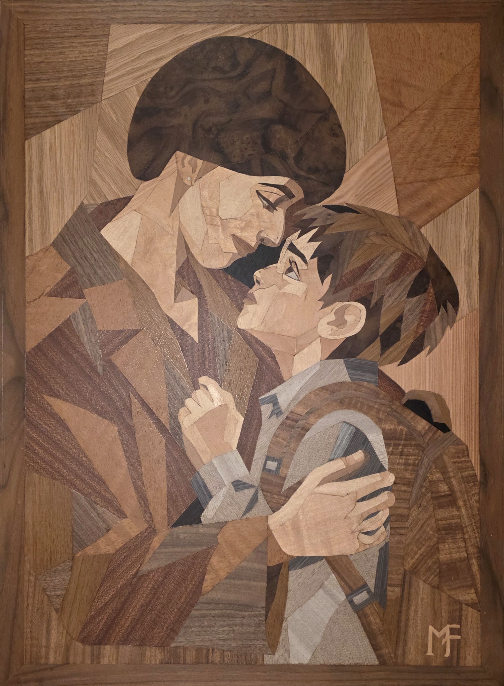 You'll Be Fine, a marquetry artwork by Michael Farro depicting a tender moment between a mother and child